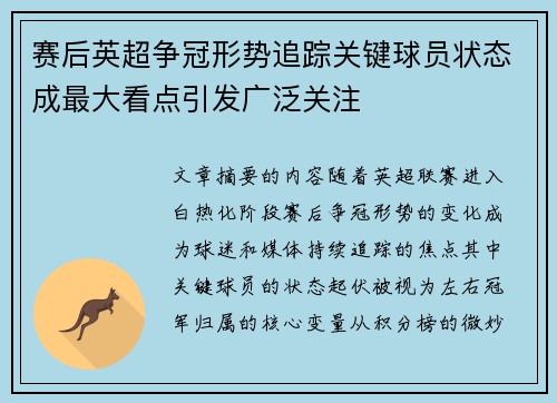 赛后英超争冠形势追踪关键球员状态成最大看点引发广泛关注