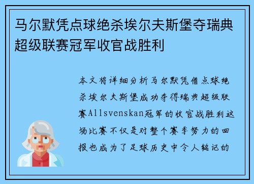 马尔默凭点球绝杀埃尔夫斯堡夺瑞典超级联赛冠军收官战胜利