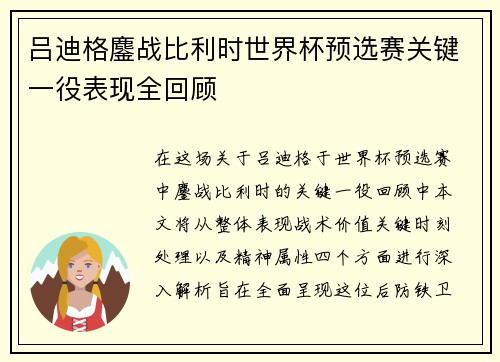 吕迪格鏖战比利时世界杯预选赛关键一役表现全回顾
